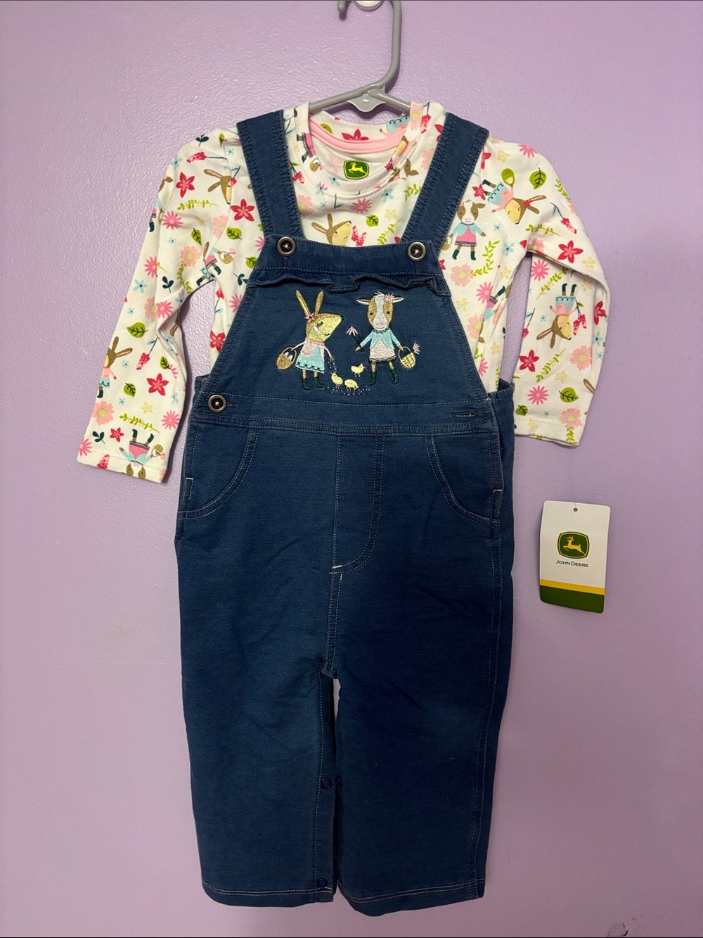 John Deere Navy Overalls with Floral Bunny Tee